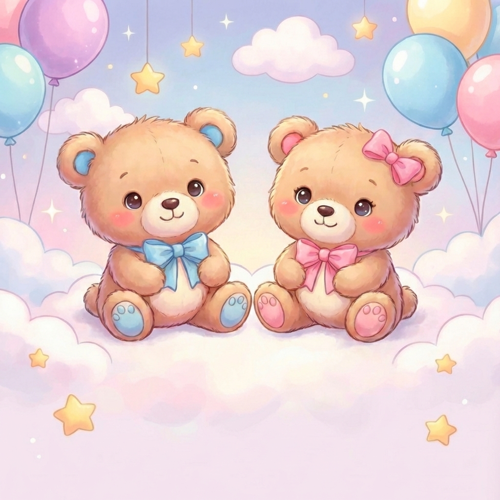 Dois ursinhos de peluche, um com laço azul e outro com laço rosa